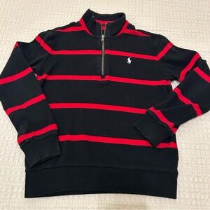 POLO RALPH LAUREN Boys Sz 6 Cotton 1/4 Zip-Up Sweater Navy w Red Stripes
